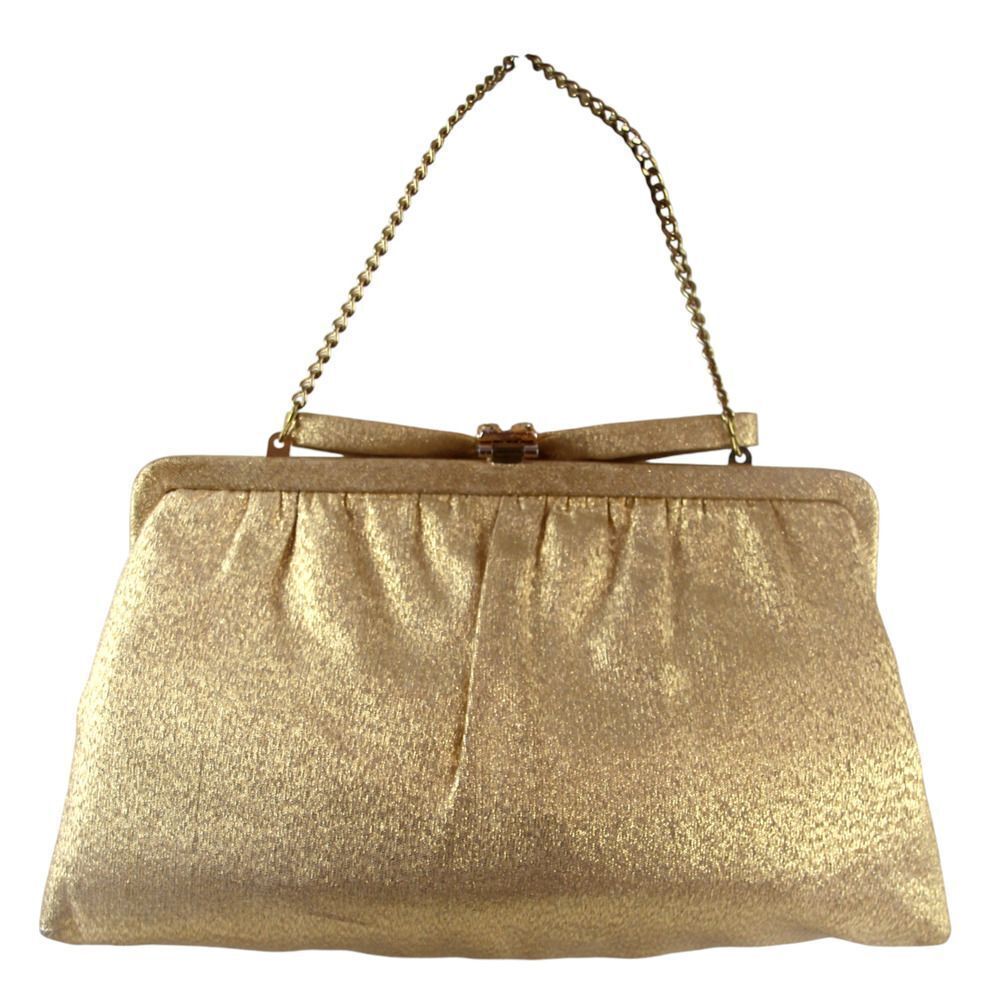 VINTAGE After Five GOLD BROCADE FRAME CHAIN HANDLE SATCHEL HANDBAG CLUTCH PURSE - Picture 2 of 12
